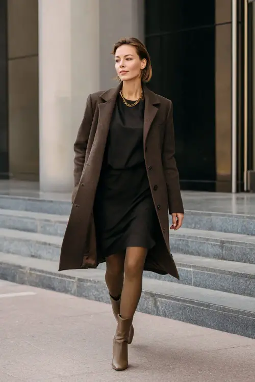 Full-body view of a woman styled in a long structured coat over a midi dress with tights and block-heel boots, elegant winter business casual outfit