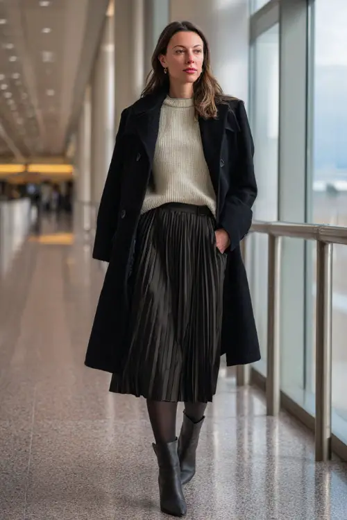 Full-body view of a woman styled in a pleated midi skirt paired with a fine-knit sweater and a belted wool coat, worn with opaque tights and heeled boots 