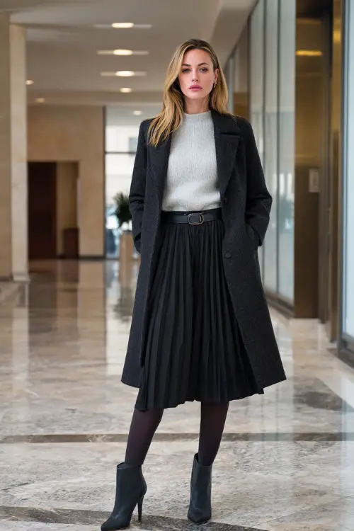 Full-body view of a woman styled in a pleated midi skirt paired with a fine-knit sweater and a belted wool coat, worn with opaque tights and heeled boots