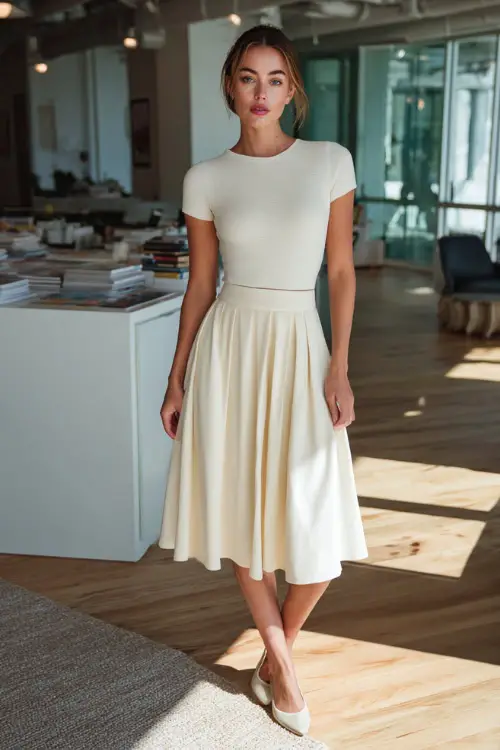 Full-body view of a woman styled in a soft knit short-sleeve top paired with a midi A-line skirt and ballet flats, clean and simple business casual look