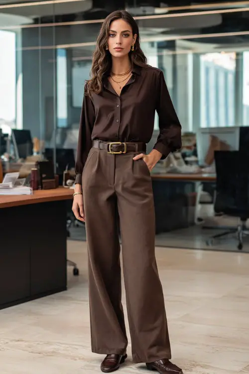 Full-body view of a woman styled in wide-leg trousers with a tucked-in blouse and a belt, finished with loafers, confident business casual office outfit 
