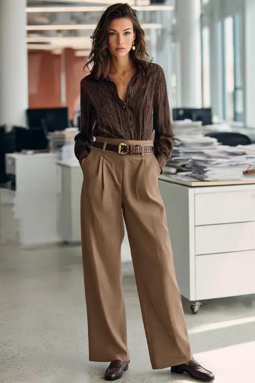 Full-body view of a woman styled in wide-leg trousers with a tucked-in blouse and a belt, finished with loafers, confident business casual office outfit