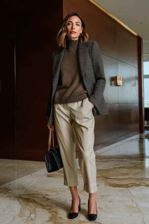 Full-body view of a woman wearing a cashmere sweater layered under a structured blazer with cropped trousers and block-heel shoes, elevated winter business casual outfit 