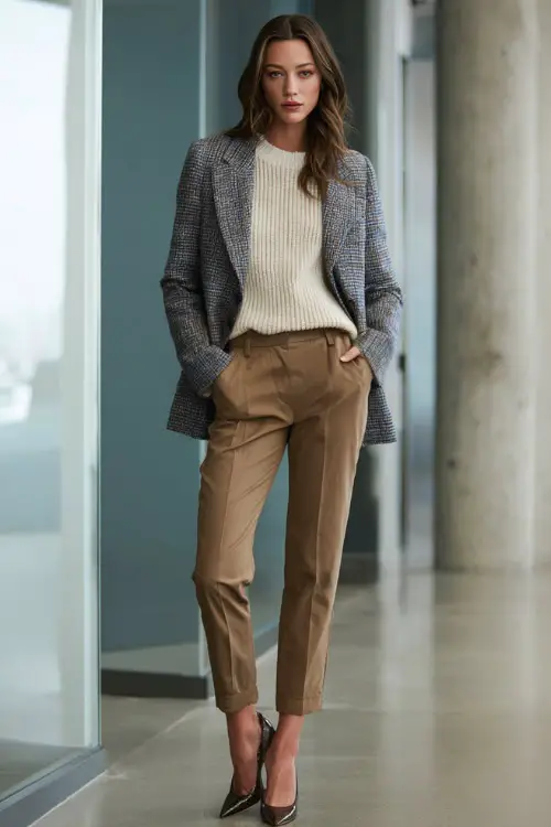 Full-body view of a woman wearing a cashmere sweater layered under a structured blazer with cropped trousers and block-heel shoes, elevated winter business casual outfit 