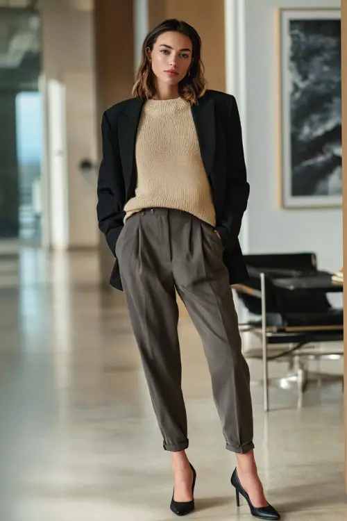 Full-body view of a woman wearing a cashmere sweater layered under a structured blazer with cropped trousers and block-heel shoes, elevated winter business casual outfit