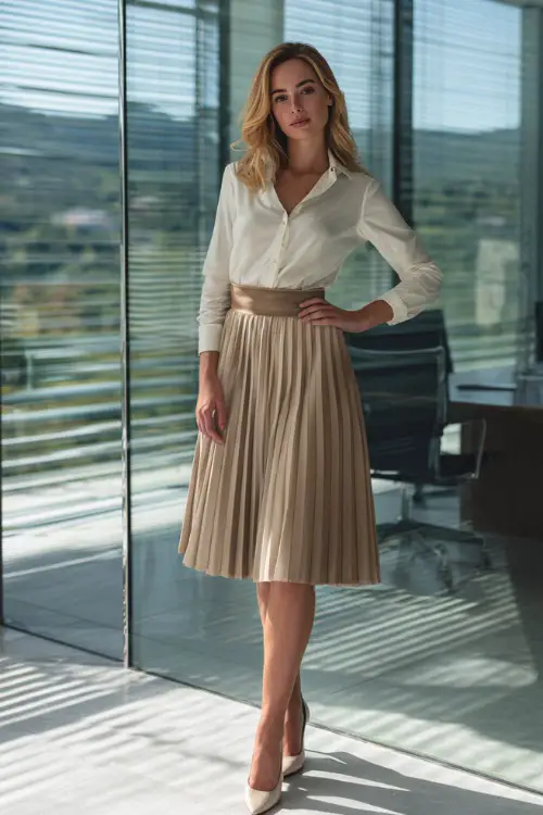 Full-body view of a woman wearing a pleated midi skirt with a tucked blouse and low-heeled pumps, stylish business casual look for the office, glass-walled office interior 