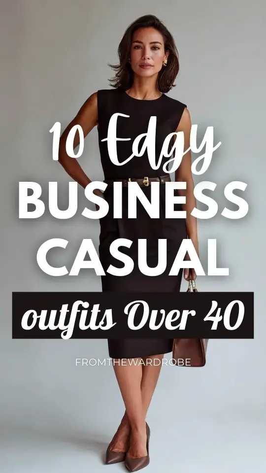 a woman over 40 styled in an edgy business casual outfit with a sheath midi dress with a belt and classic flats