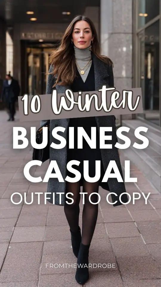 a woman styled in an elegant winter business casual outfit with a long structured coat over a midi dress with tights and block-heel boots, minimal accessories