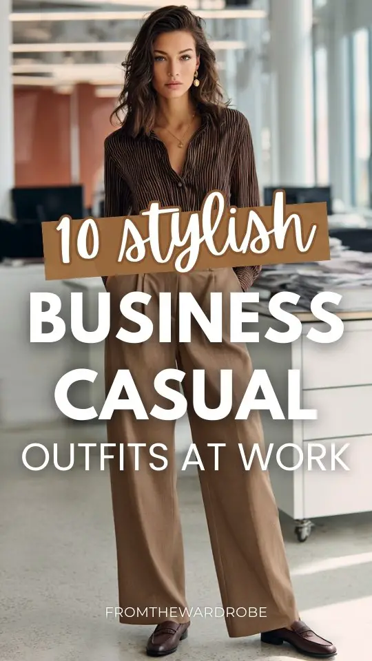 a woman styled in business casual office outfit at work with wide-leg trousers with a tucked-in blouse and a belt, finished with loafers