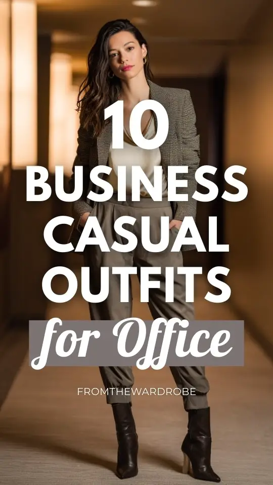 a woman wearing a business casual outfit for office with a tailored blazer over a silky camisole, high-waisted trousers, and heeled ankle boots