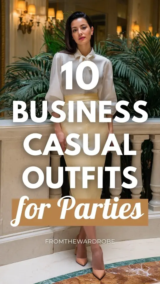 a woman wearing a business casual outfit for party with a midi pencil skirt with a refined blouse and block-heel shoes, elegant business casual party ensemble, upscale indoor celebration backdrop