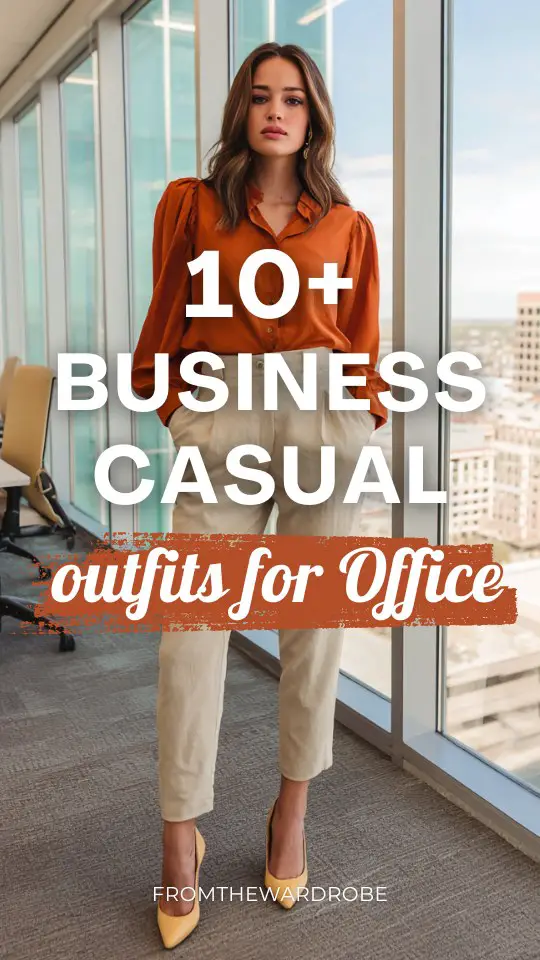 a woman wears a business casual outfit for office with a rust shirt and cream trousers and heels