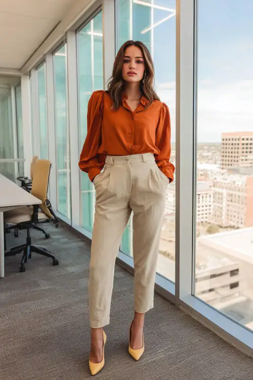 a woman wears a business casual outfit with a rust shirt and cream trousers and heels
