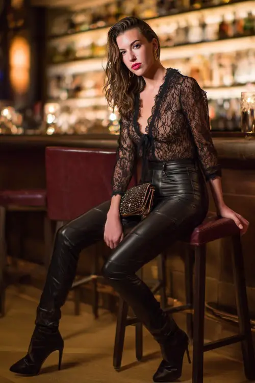 A chic woman in faux leather leggings, lace blouse, heeled ankle boots, clutch purse, cocktail bar interior background, full-body portrait, dramatic evening lighting