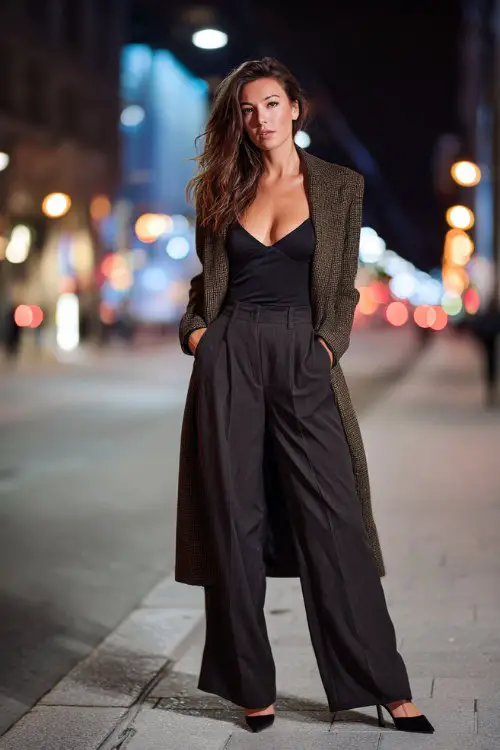 A chic woman in wide-leg trousers, fitted bodysuit, stiletto heels, tailored long coat, modern urban night street background, full-body fashion capture 