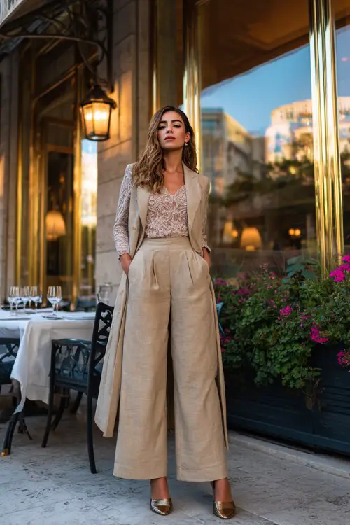 A chic woman in wide-leg trousers, lace blouse, structured long coat, high heels, upscale restaurant exterior background, full-body editorial fashion photography (2)