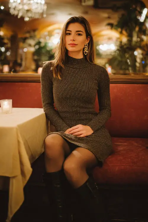 A chic woman wearing a fitted sweater dress, opaque tights, tall boots, statement earrings, cozy candlelit restaurant interior background, full-body lifestyle fashion shot 