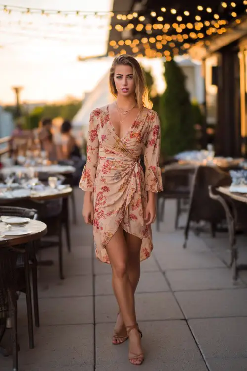 A chic woman wearing a floral wrap dress, strappy heels, delicate necklace, romantic outdoor dinner setting with string lights, full-body lifestyle fashion shot, golden hour lighting