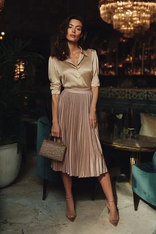 A chic woman wearing a pleated midi skirt, fitted blouse, ankle strap heels, structured handbag, stylish cocktail lounge setting