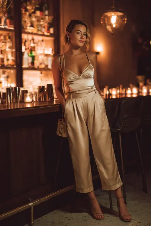 A chic woman wearing a satin cami with relaxed tailored pants and heeled mules, carrying a small crossbody bag, posing near a cocktail bar counter with dim candlelight ambiance, full-body shot