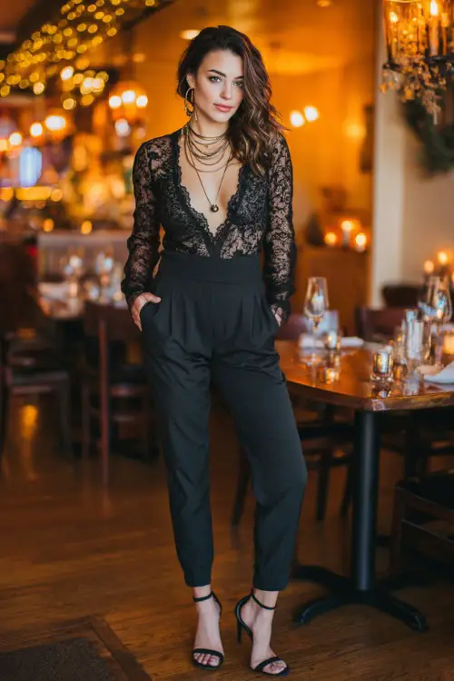 A chic woman wearing black cigarette pants, lace blouse, ankle strap heels, layered necklaces, cozy candlelit restaurant interior background, full-body lifestyle fashion shot, warm ambient lighting 