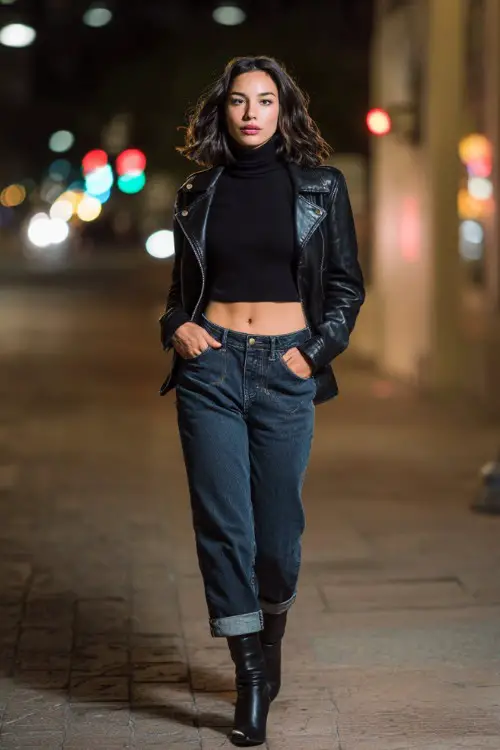 A chic woman wearing cropped jeans, fitted turtleneck top, leather jacket, heeled boots, modern urban night street background, full-body fashion capture