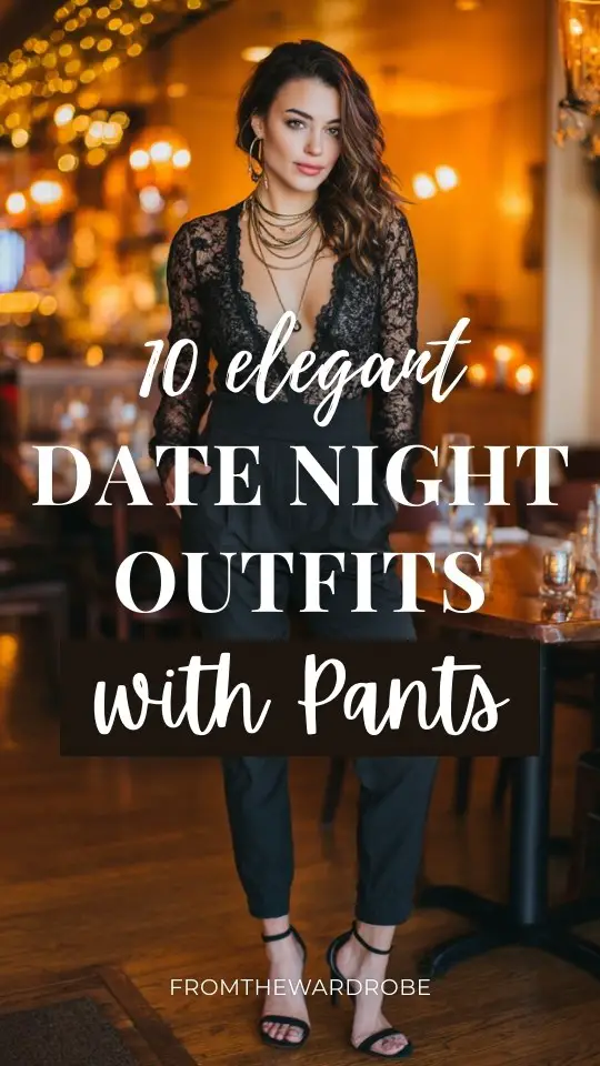 A chic woman wearing date night outfit with pants, lace blouse, ankle strap heels, layered necklaces