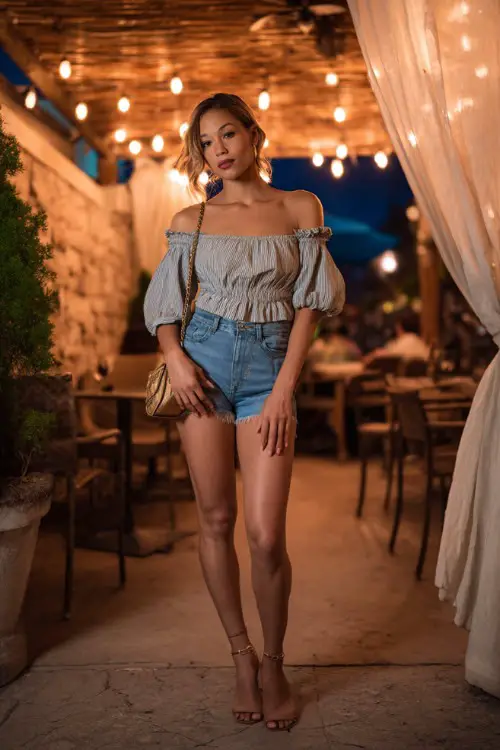 A chic woman wearing denim shorts, off-shoulder blouse, heeled sandals, small shoulder bag, romantic outdoor café setting with string lights, full-body lifestyle fashion shot, warm ambient lighting 
