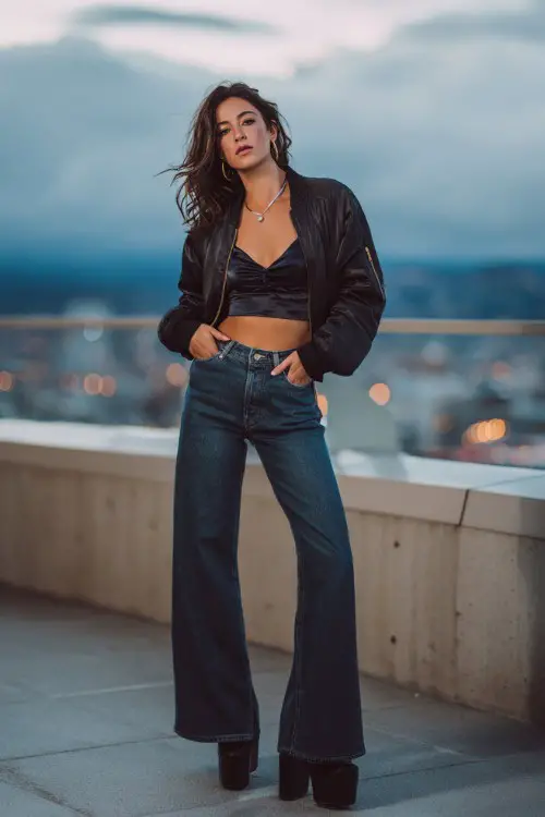 A chic woman wearing high-waisted flare jeans, satin camisole, cropped bomber jacket, platform heels, rooftop terrace evening background, full-body fashion photography (2)