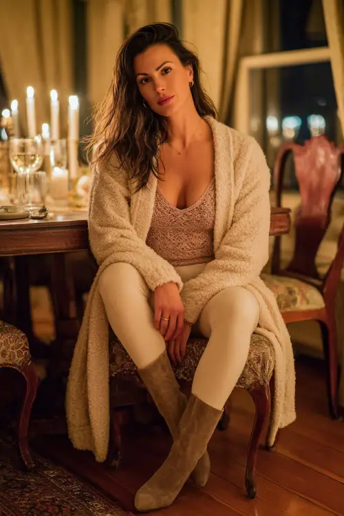 A chic woman wearing leggings, long cardigan coat, fitted camisole top, ankle boots, romantic candlelit dinner indoor background, full-body lifestyle fashion shot