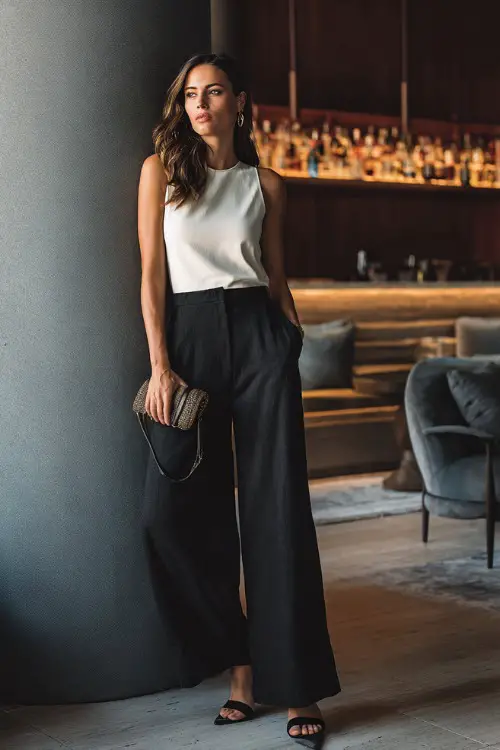 A chic woman wearing wide-leg trousers with a simple sleeveless top and block heels, holding a small handbag, posing confidently inside a modern cocktail bar with relaxed lounge seating 