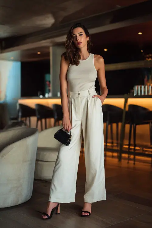 A chic woman wearing wide-leg trousers with a simple sleeveless top and block heels, holding a small handbag, posing confidently inside a modern cocktail bar with relaxed lounge seating