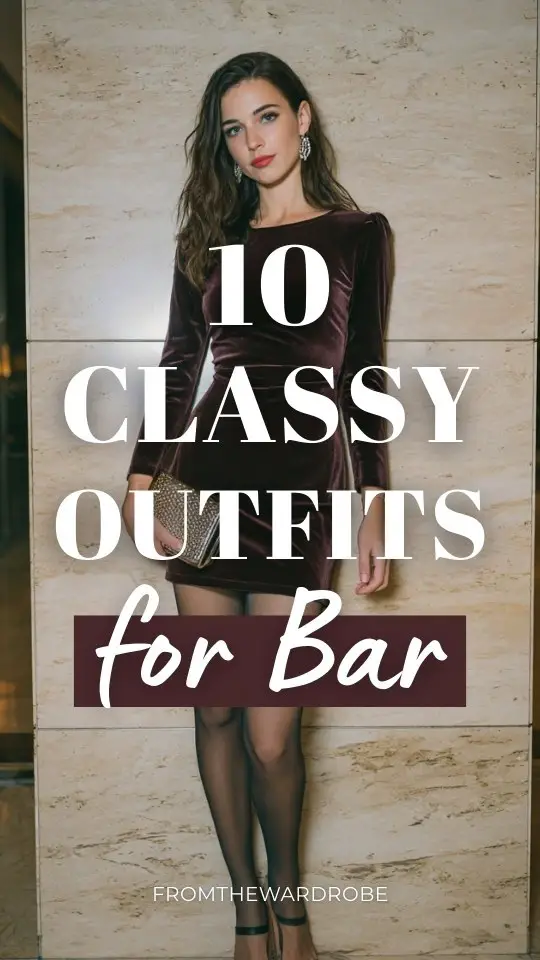 A fashionable woman in a classy bar outfit with a velvet mini dress, semi-sheer tights, strappy heels, clutch purse