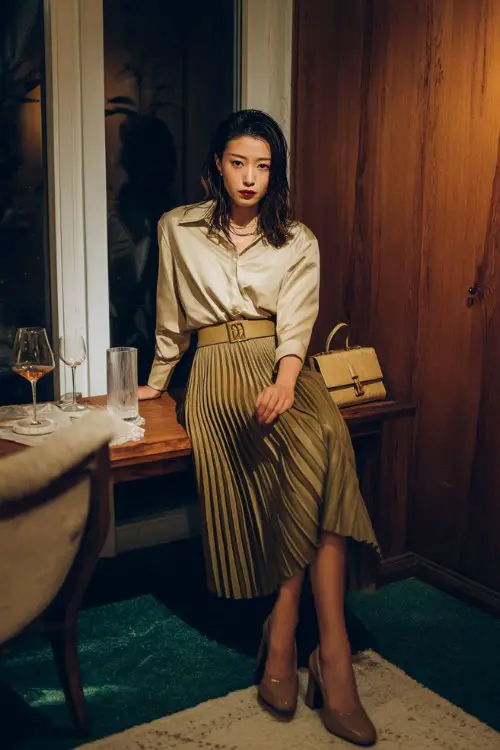 A fashionable woman in a pleated midi skirt, tucked blouse, block heels, structured handbag, cozy dinner date indoor setting, full-body lifestyle fashion photography 