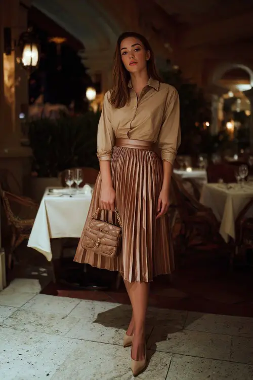 A fashionable woman in a pleated midi skirt, tucked blouse, block heels, structured handbag, cozy dinner date indoor setting, full-body lifestyle fashion photography