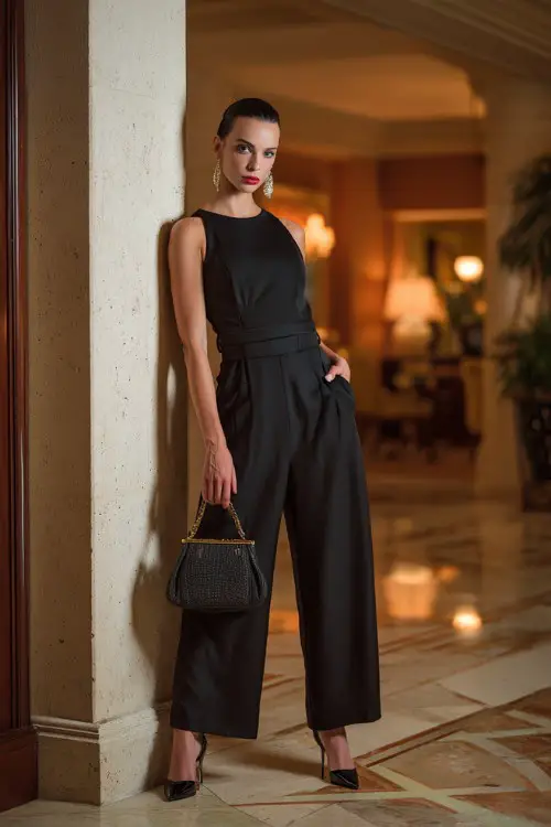 A fashionable woman in a sleek jumpsuit, pointed heels, statement earrings, elegant handbag, luxury hotel lobby evening background, full-body fashion photography, balanced flash lighting 