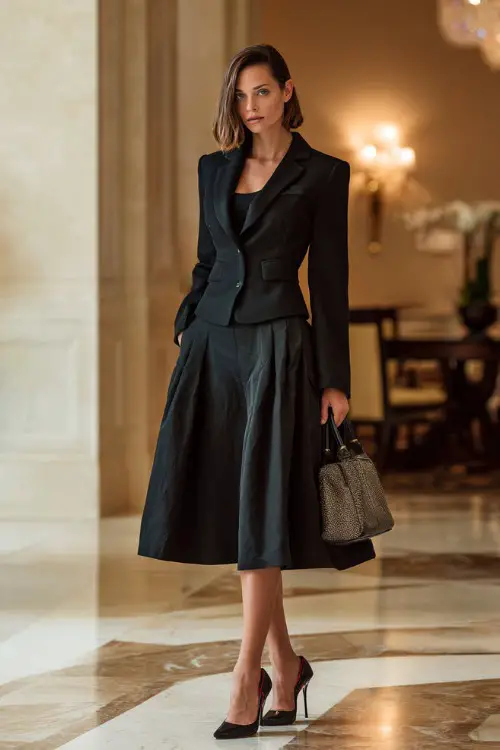 A fashionable woman in a structured A-line skirt, fitted blazer top, pointed heels, elegant handbag, luxury hotel lobby background, full-body editorial fashion photo 