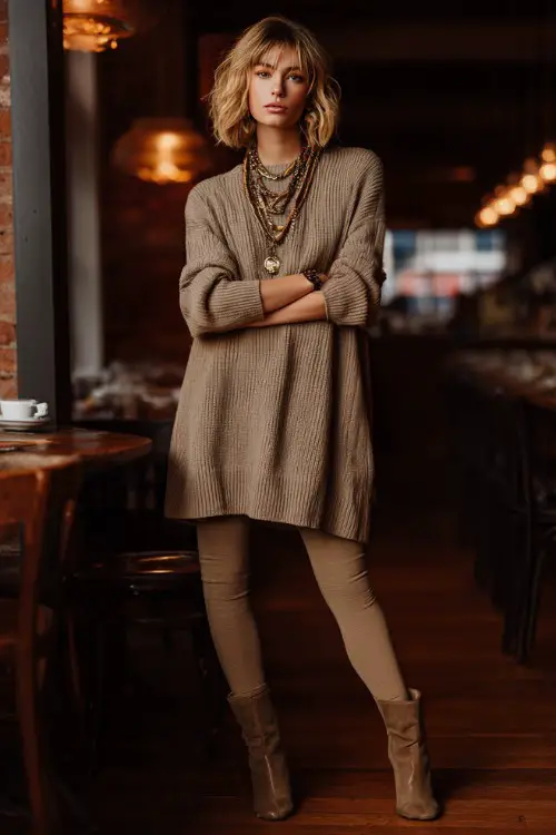 A fashionable woman in high-waisted leggings, oversized sweater dress, ankle boots, layered necklaces, cozy café evening setting, full-body lifestyle fashion photo