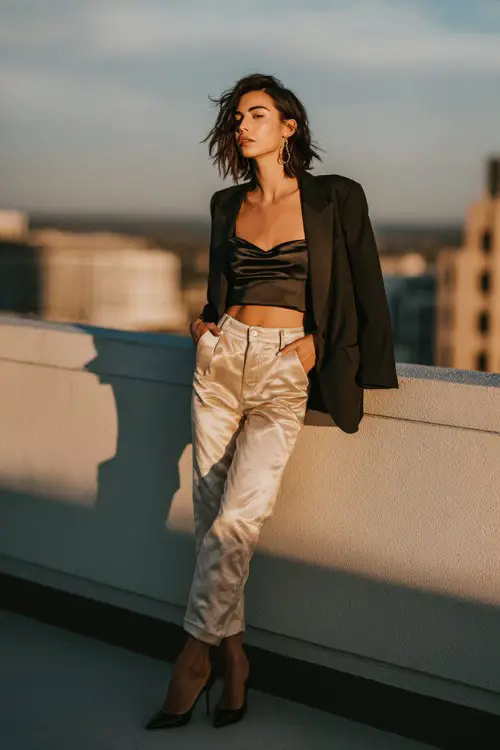 A fashionable woman in high-waisted straight-leg jeans, silky camisole top, pointed heels, cropped blazer, rooftop date setting, full-body editorial fashion photo 