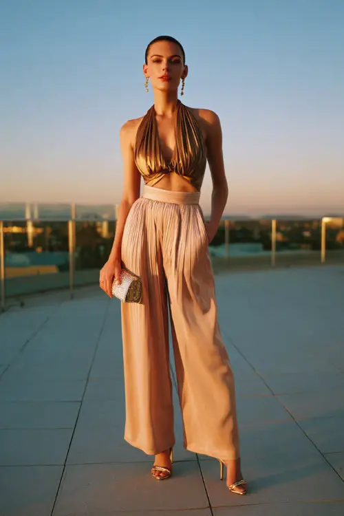 A fashionable woman in pleated trousers, silky halter top, stiletto heels, clutch purse, sunset rooftop terrace background, full-body fashion photography, golden hour lighting, editorial composition 