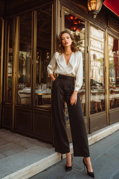 A fashionable woman in tailored wide-leg trousers, silky blouse, stiletto heels, delicate jewelry, upscale restaurant exterior background, full-body editorial fashion photography