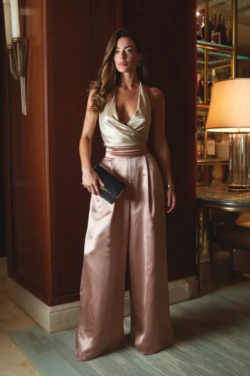A fashionable woman in wide-leg pants, satin wrap top, strappy heels, elegant clutch, upscale hotel lounge background, full-body fashion capture, refined lighting, editorial photography style