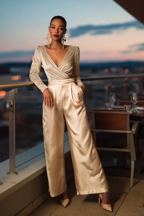 A fashionable woman in wide-leg satin pants, fitted blouse, pointed heels, statement earrings, rooftop restaurant background, full-body editorial fashion photo, warm evening lighting 