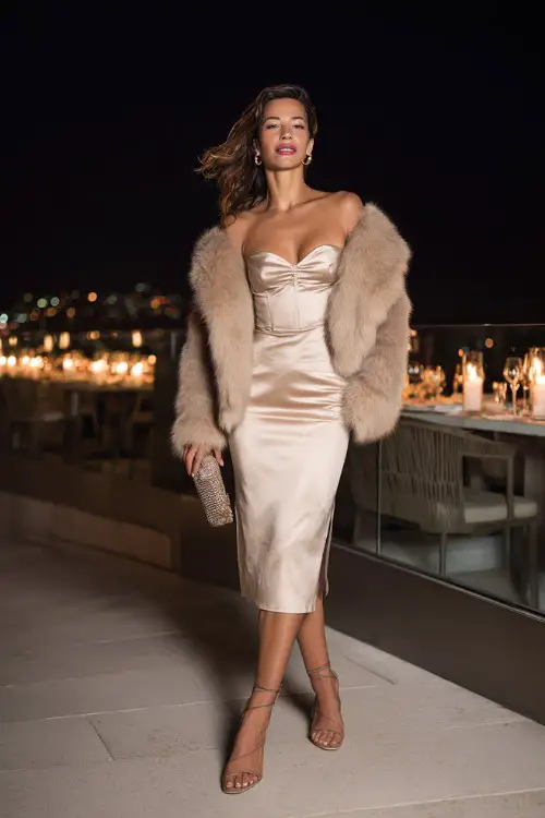 A fashionable woman wearing a satin midi dress, cropped faux fur jacket, strappy heels, elegant clutch, upscale rooftop dinner background at night, full-body fashion photography 
