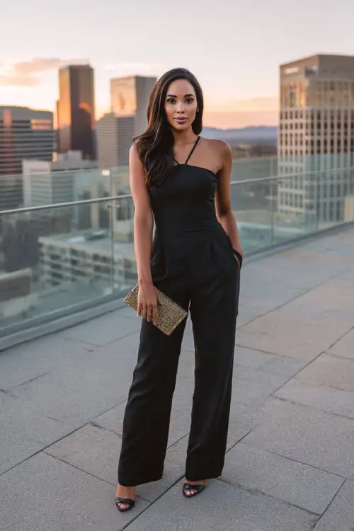 A fashionable woman wearing a sleek jumpsuit with strappy heels, elegant clutch purse, city skyline terrace background at sunset, full-body editorial fashion photography, golden hour lighting 