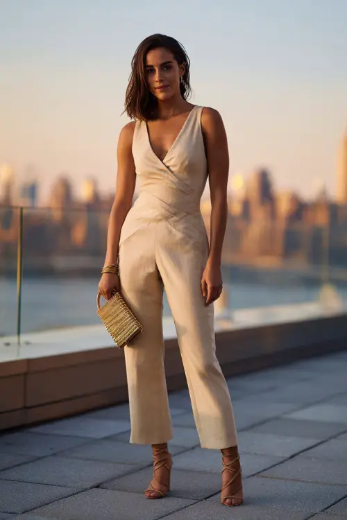A fashionable woman wearing a sleek jumpsuit with strappy heels, elegant clutch purse, city skyline terrace background at sunset, full-body editorial fashion photography, golden hour lighting 