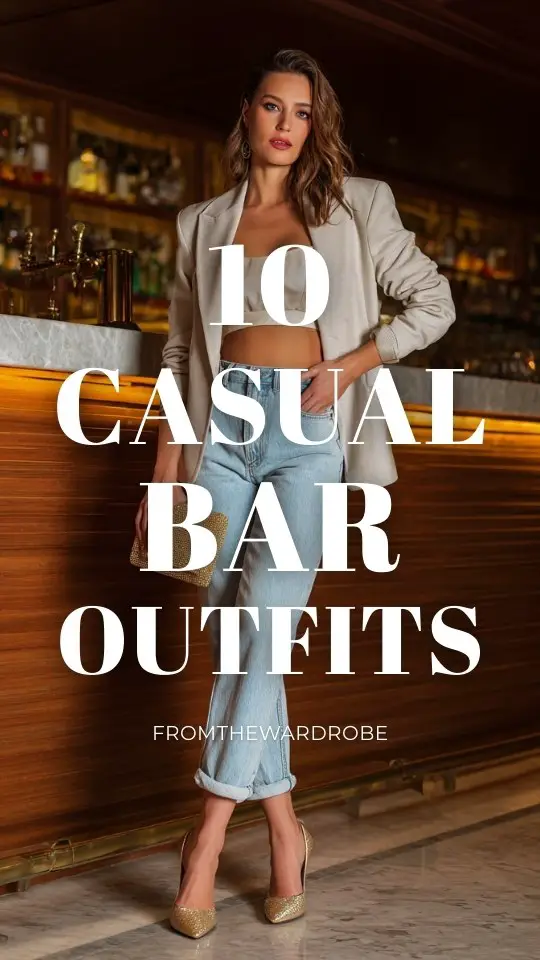 A fashionable woman wearing casual bar outfit with high-waisted light wash jeans with a cropped blazer and pointed-toe heels, holding a clutch