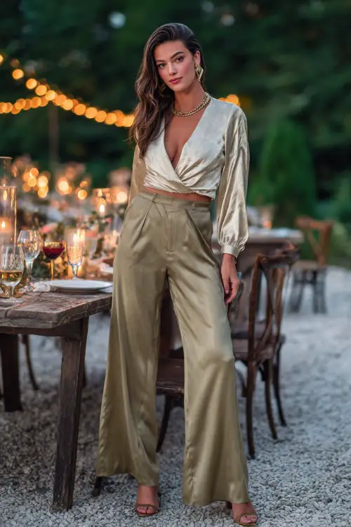 A fashionable woman wearing flowy palazzo pants, satin wrap top, block heels, delicate jewelry, romantic outdoor dinner setting with string lights, full-body fashion shot, golden hour lighting