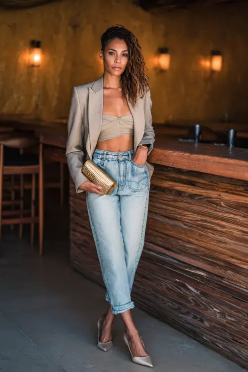 A fashionable woman wearing high-waisted light wash jeans with a cropped blazer and pointed-toe heels, holding a clutch, posing near a wooden bar counter with soft golden lighting 