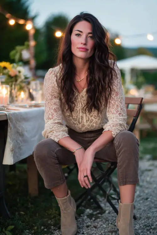 A fashionable woman wearing straight-leg jeans, lace blouse, suede ankle boots, delicate jewelry, outdoor dinner date setting with string lights, full-body portrait